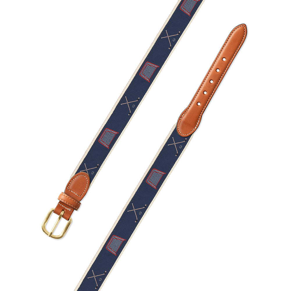 Navy Hockey Motif Leather Tab Belt