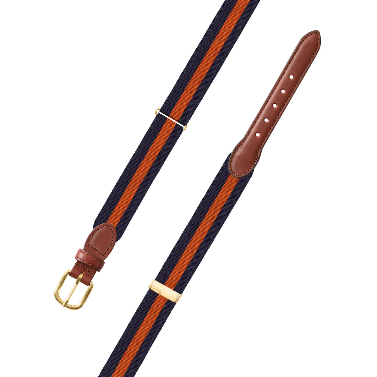 Adjustable Navy &amp; Orange Grosgrain Belt with Brown Leather Tabs