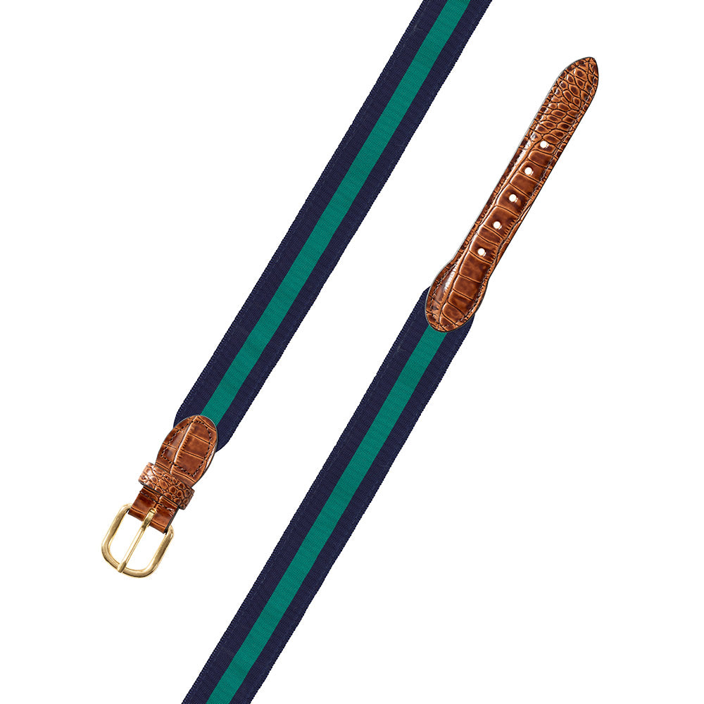 Navy & Green Grosgrain Ribbon Leather Tab Belt - Barrons-Hunter
