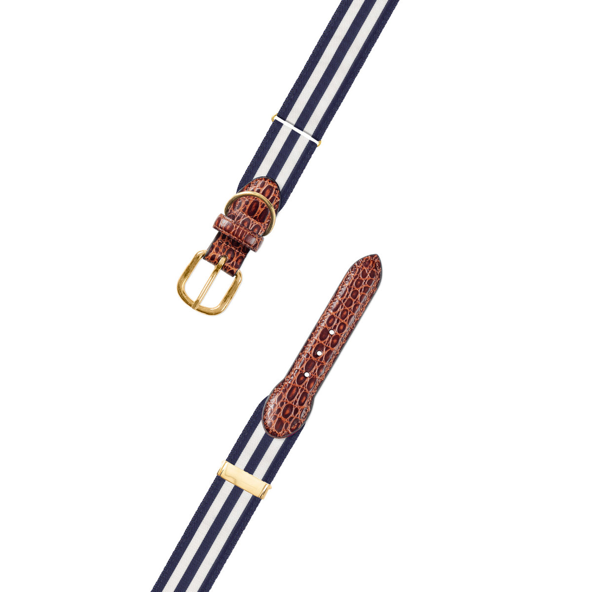 Adjustable Navy &amp; White Grosgrain Dog Collar with Embossed Calf Tabs