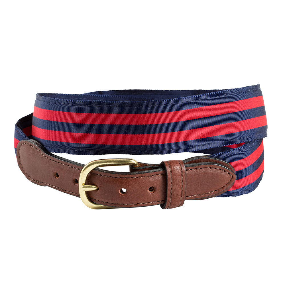 Navy & Red Grosgrain Ribbon Leather Tab Belt - Barrons-Hunter