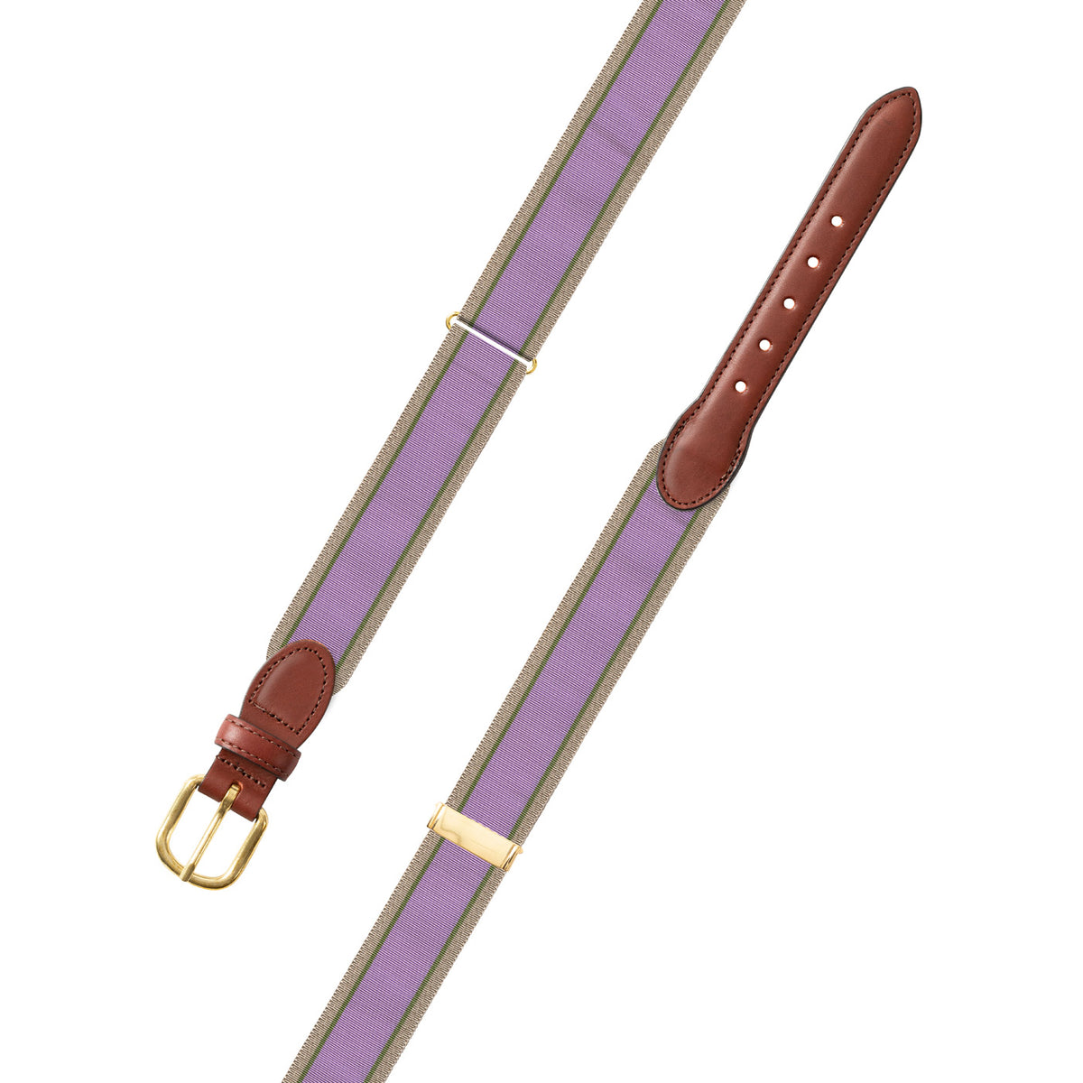 Adjustable Lavender, Olive &amp; Tan Grosgrain Belt with Brown Leather Tabs