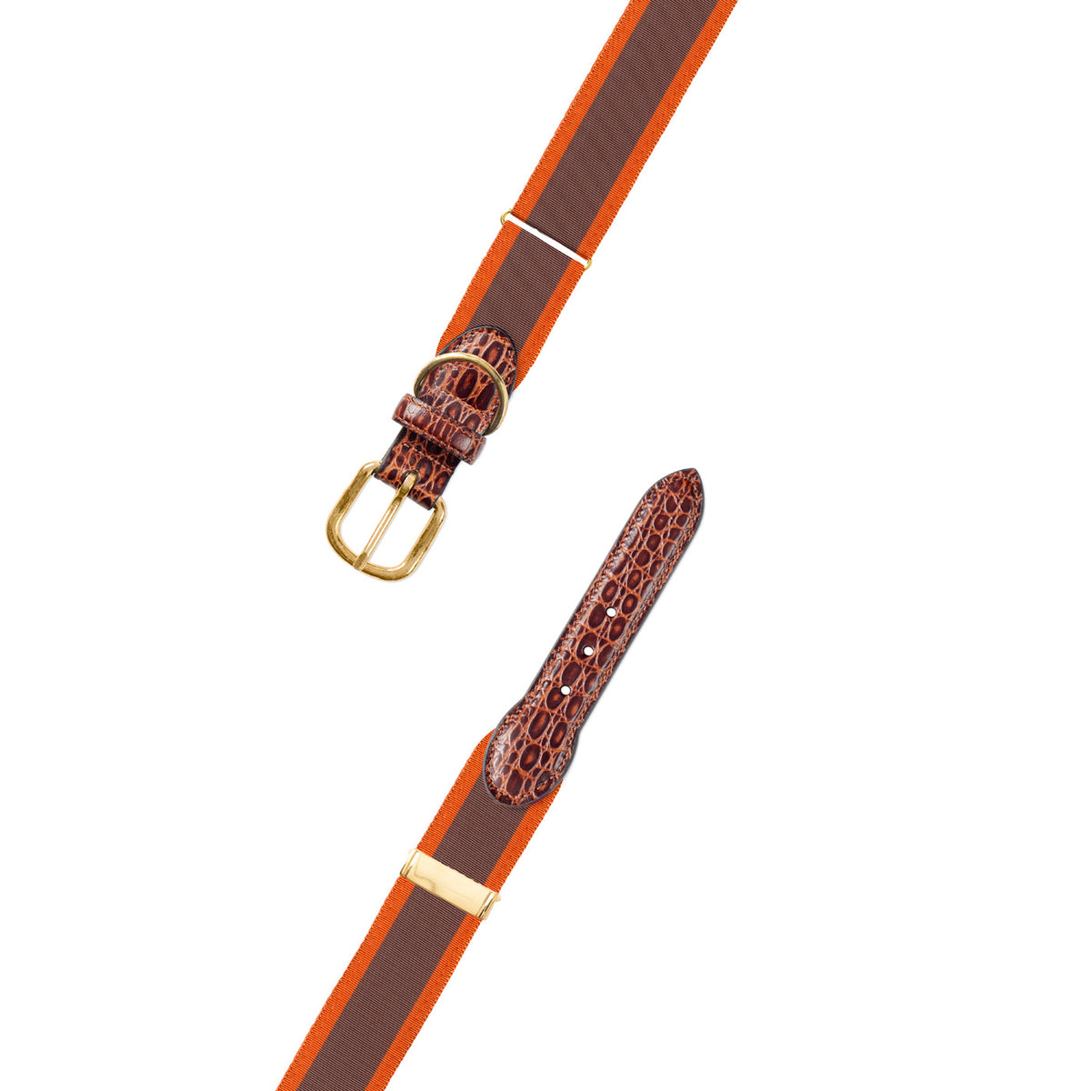 Adjustable Brown &amp; Orange Grosgrain Dog Collar with Embossed Calf Tabs