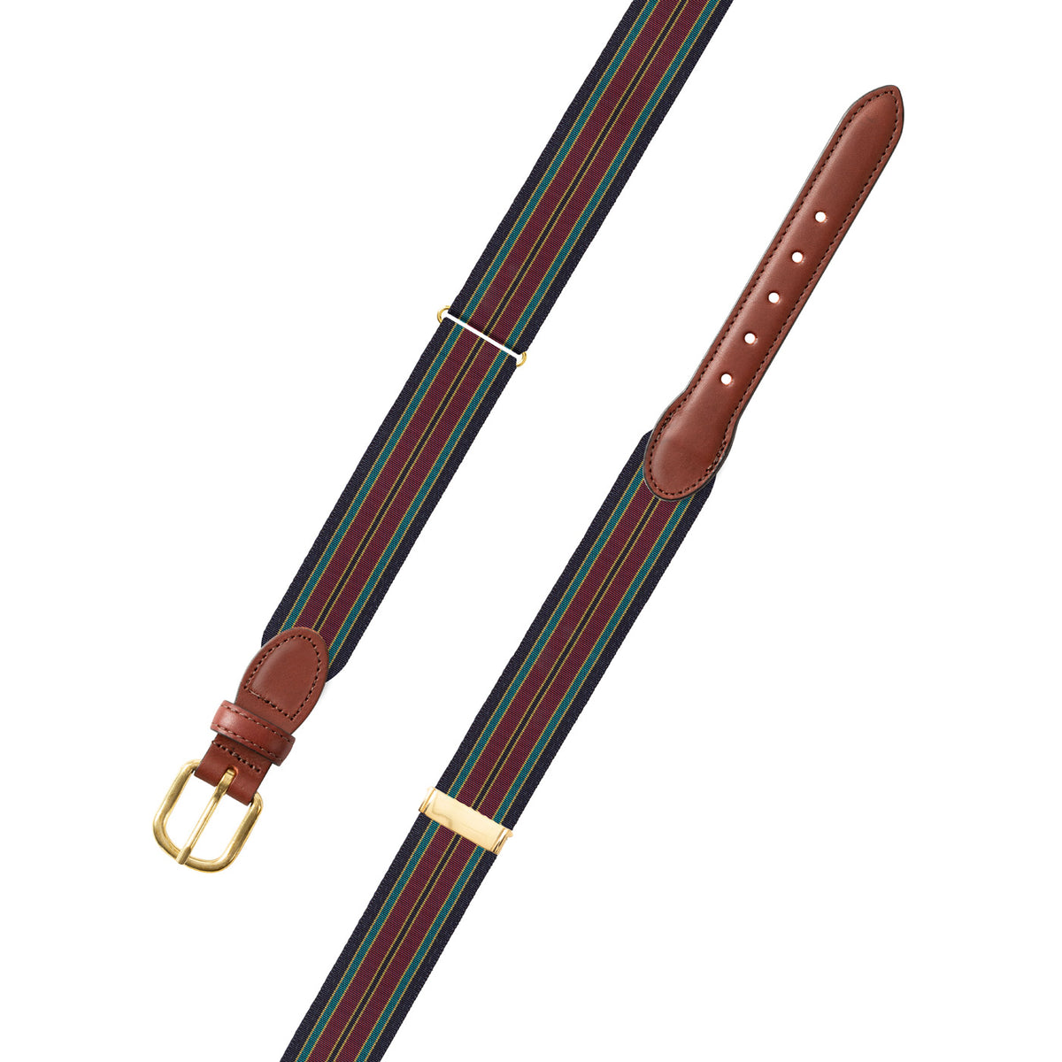 Adjustable Navy, Burgundy &amp; Green Grosgrain Belt with Brown Leather Tabs