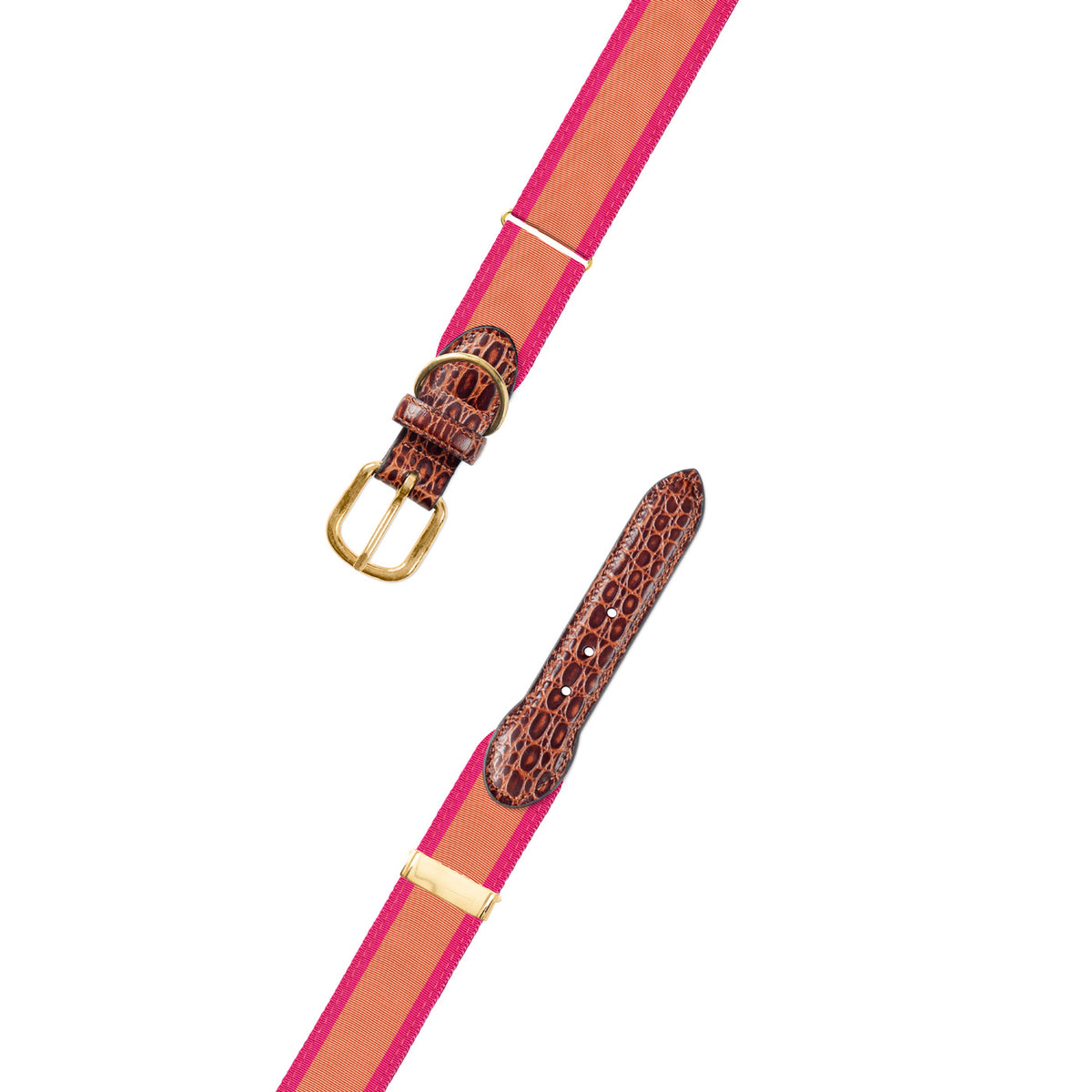 Adjustable Salmon &amp; Pink Grosgrain Dog Collar with Embossed Calf Tabs